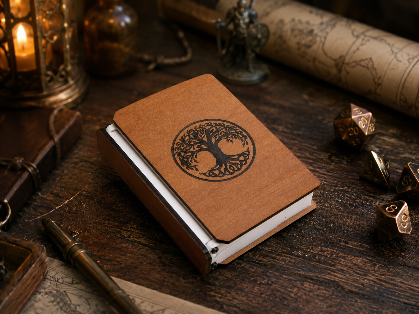 A small brown wooden journal with a black engraved tree of life on the cover, displayed on a rustic wooden table surrounded by stylish props including dice, a lantern, and a rolled map.